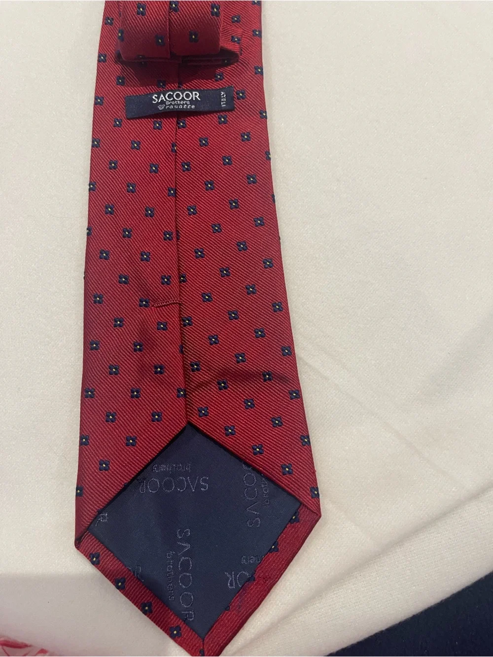 Classic Men's Red Tie with Navy Dot Accent